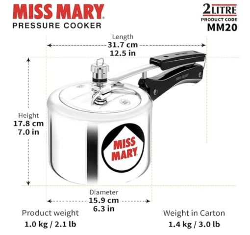 Hawkins Miss Mary Inner Lid Aluminium Pressure Cooker, 2 Litre, Silver (MM20) - Image 2
